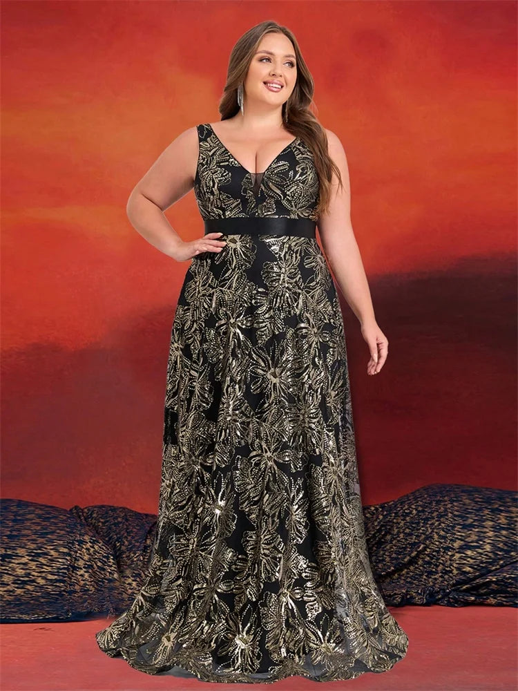XUIBOL |  Plus Size Luxury Sexy Deep V-Neck Sequins Green Evening Dress