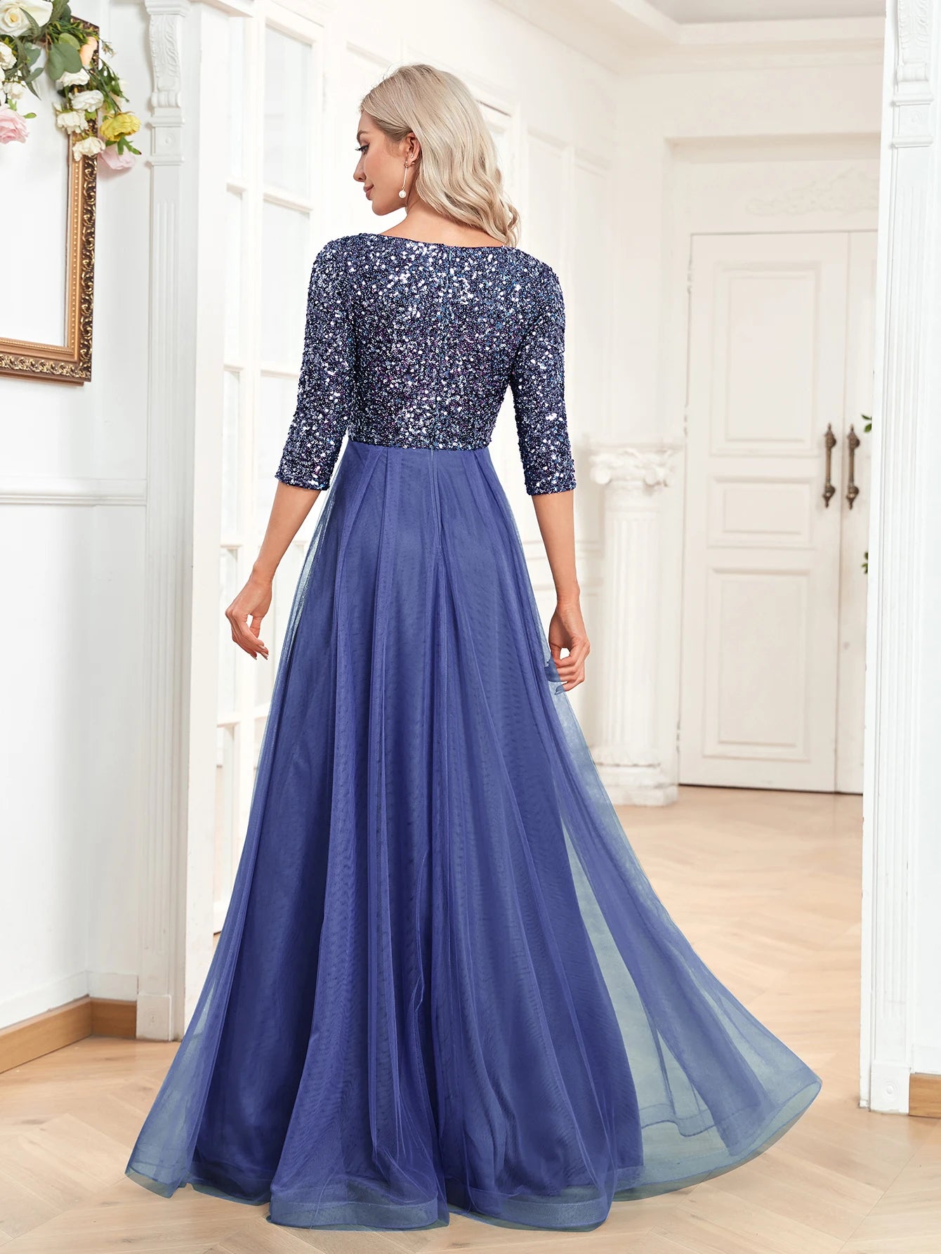 XUIBOL | Elegant V-Neck Long Sequin Blue Evening Dress 2024 Women Mermaid Formal Dress Long Sleeves Wedding Party Maxi Prom Dress