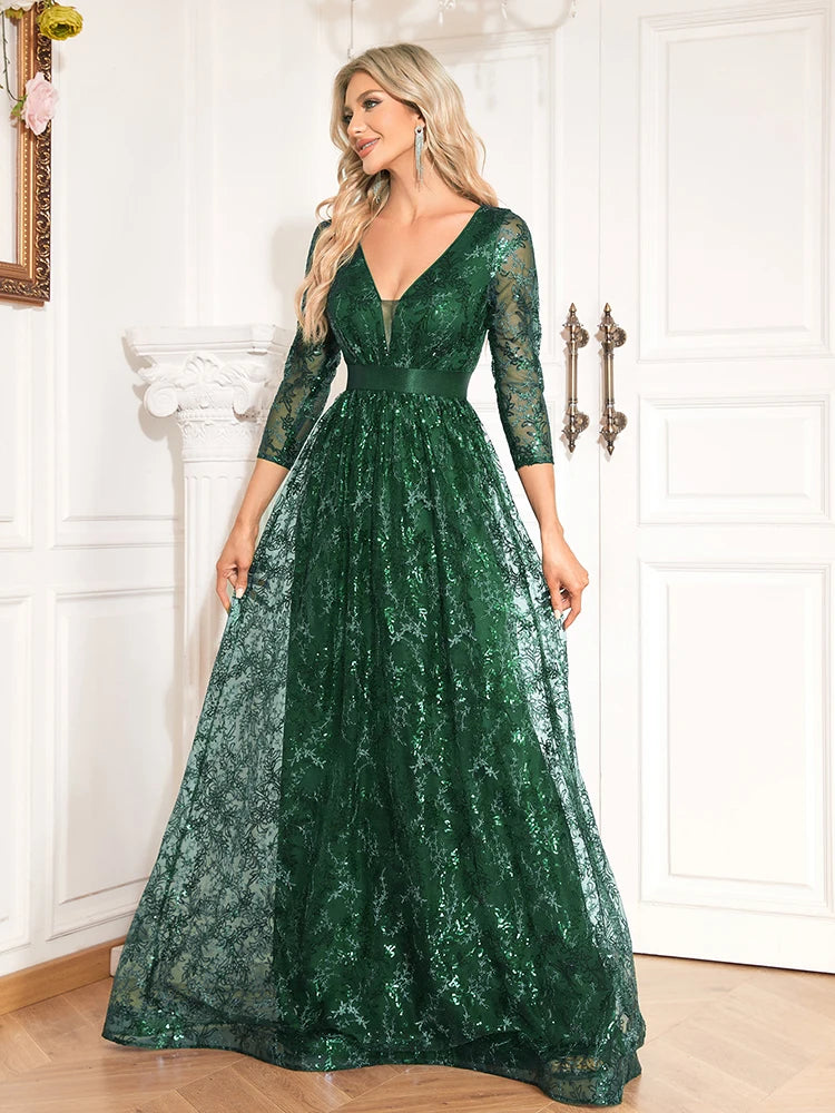 XUIBOL Elegant Green Sexy V-Neck Floral Evening Dress Long 2024 Luxury Women Long Sleeve Party Prom Sequin Cocktail Dress Gown