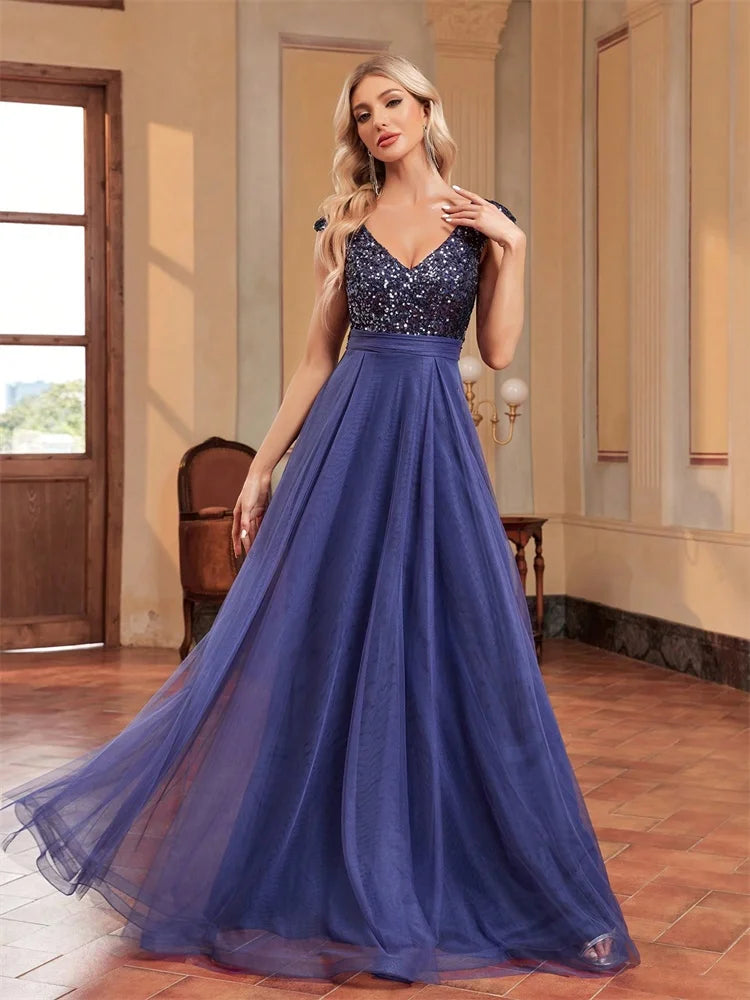 XUIBOL | Elegant Blue Sequins Evening Dress Luxury 2025 Women Long Formal A-Line Prom Party Dress Sleeveless Cocktail Dresses