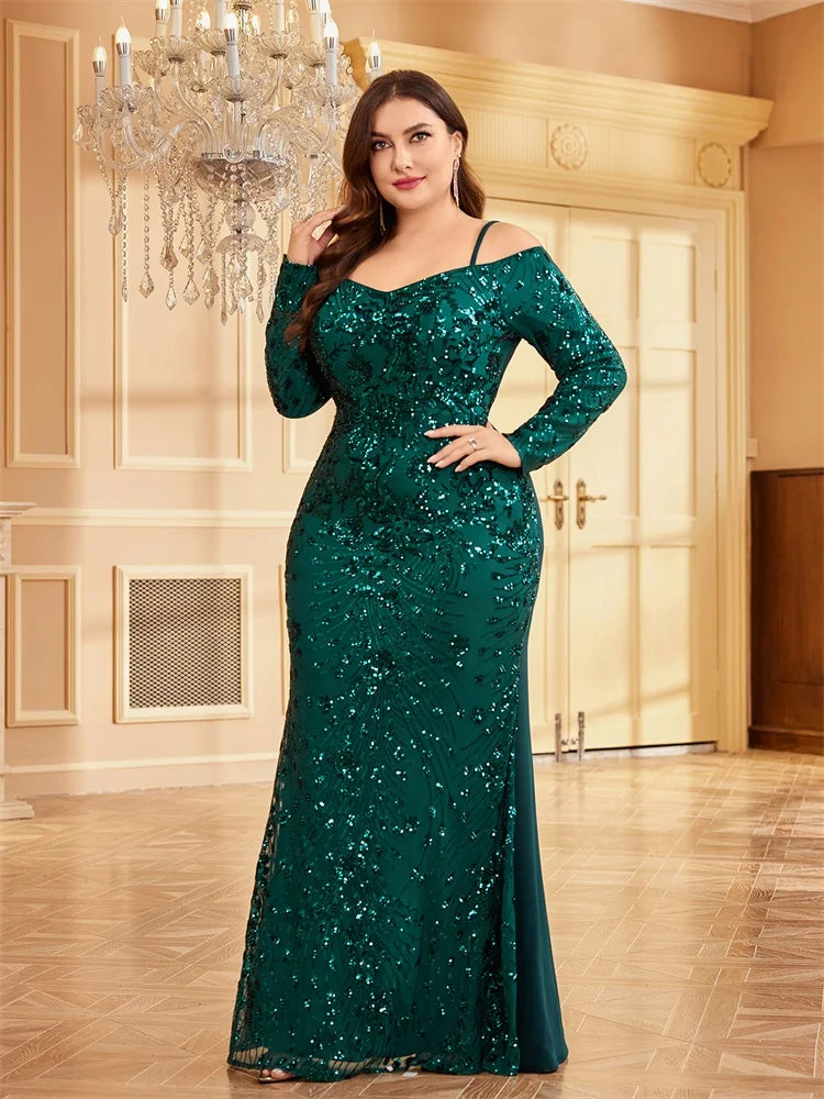 Plus Size Luxury Off-shoulder Green Sequin Evening Dress | XUIBOL