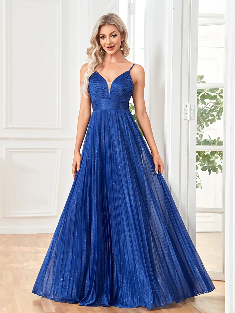 XUIBOL | Elegant Evening Dress Sexy V-Neck A-Line Floor-Length Gown Blue Backless Prom Party Women Maxi Cocktail Vestidos