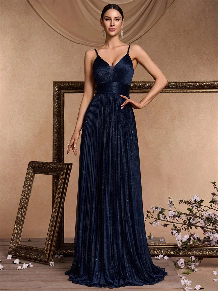 XUIBOL | Elegant Evening Dress Sexy V-Neck A-Line Floor-Length Gown Blue Backless Prom Party Women Maxi Cocktail Vestidos