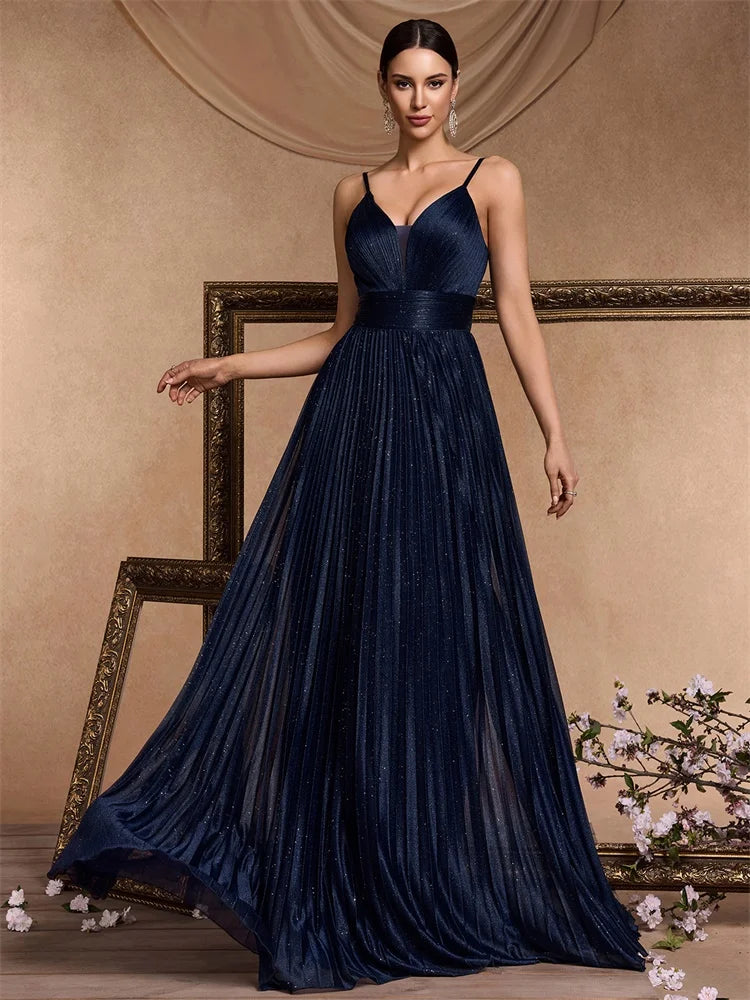 XUIBOL | Elegant Evening Dress Sexy V-Neck A-Line Floor-Length Gown Blue Backless Prom Party Women Maxi Cocktail Vestidos