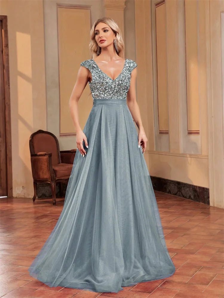 XUIBOL | Elegant Blue Sequins Evening Dress Luxury 2025 Women Long Formal A-Line Prom Party Dress Sleeveless Cocktail Dresses