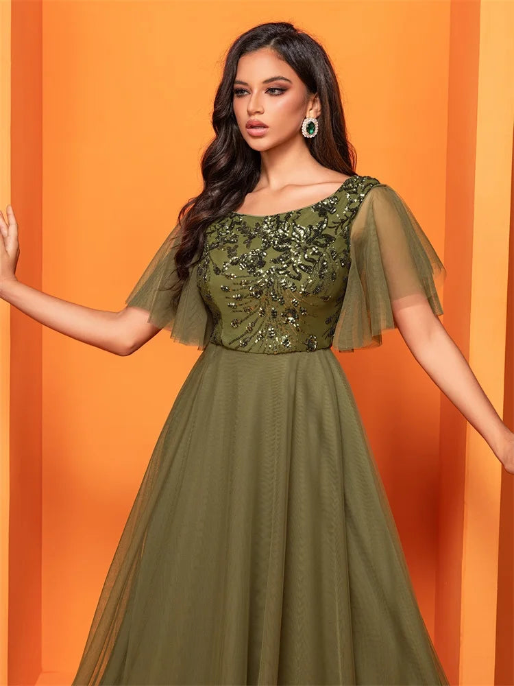 XUIBOL  Luxury Green Sequins Formal Evening Dress Women Elegant O-Neck Mermaid Prom Dress Short Sleeves Long Gowns