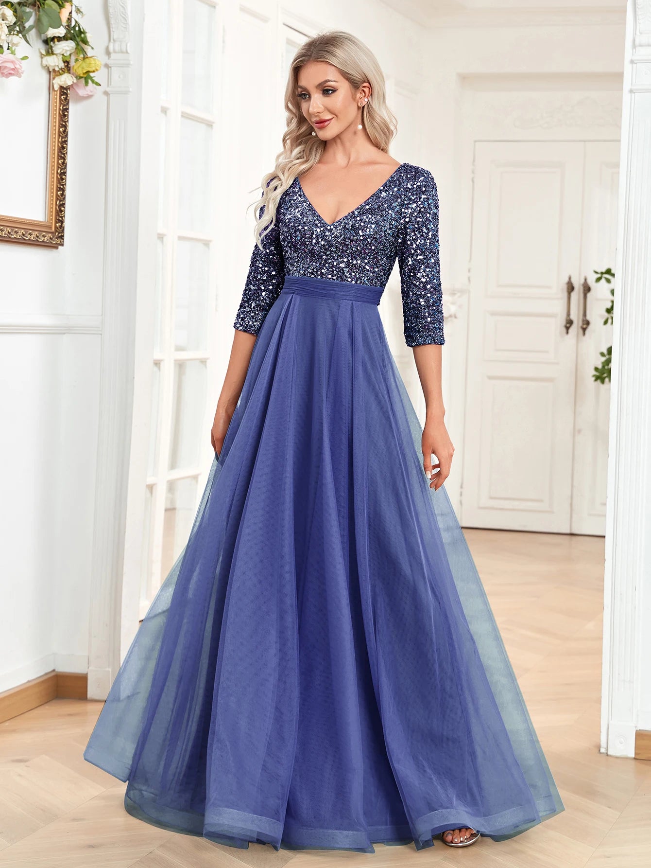 XUIBOL | Elegant V-Neck Long Sequin Blue Evening Dress 2024 Women Mermaid Formal Dress Long Sleeves Wedding Party Maxi Prom Dress