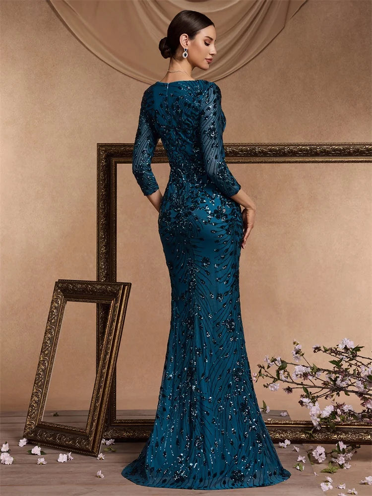 XUIBOL | Luxury Blue Sequins Evening Dress Women 2024 Mermaid Formal V-neck Prom Elegant Long sleeve Wedding Party Cocktail Gowns