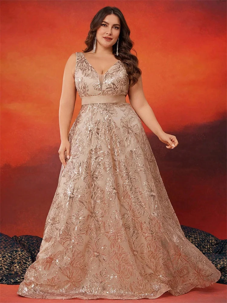 XUIBOL |  Plus Size Luxury Sexy Deep V-Neck Sequins Green Evening Dress