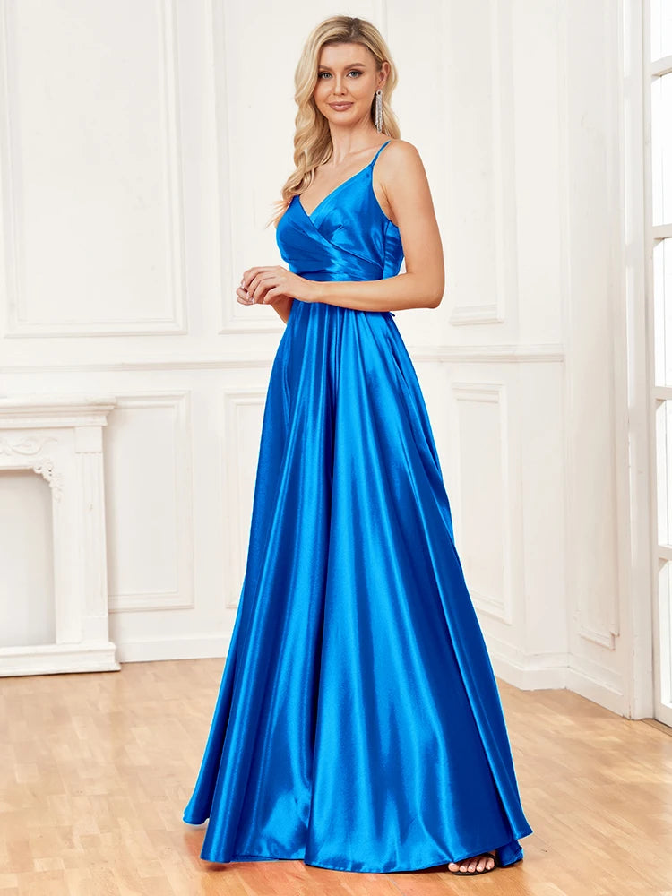 V-Neck Satin Sleeveless Blue Formal Evening Dress | XUIBOL
