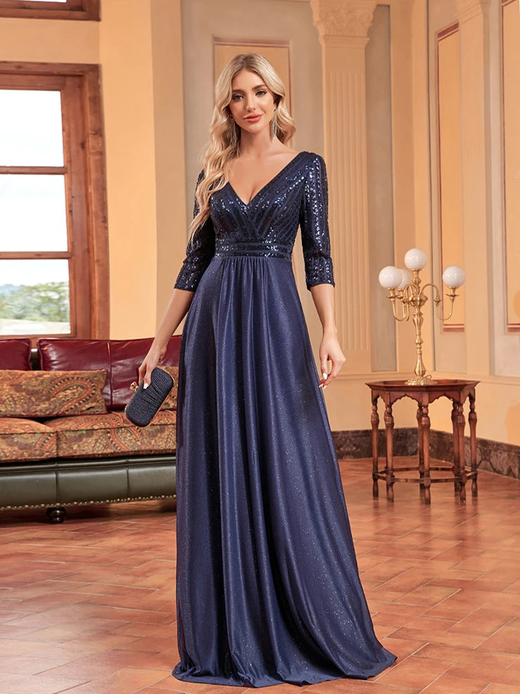 Plus Size Luxury Prom Dress Long V Neck A-Line Sequin With 3/4 Sleeve Blue Bridesmaid dress | XUIBOL