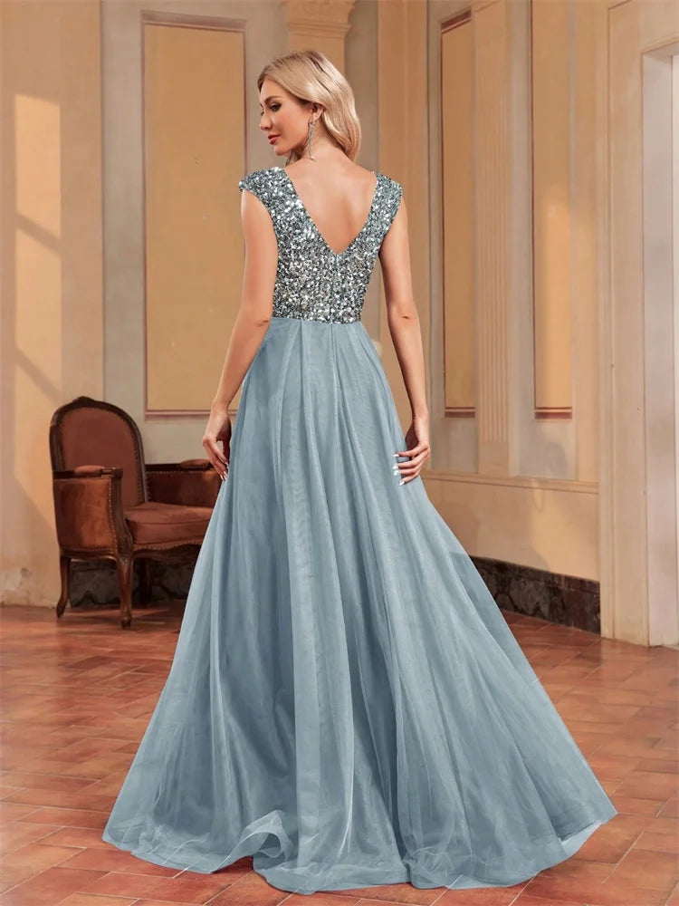 XUIBOL | Elegant Blue Sequins Evening Dress Luxury 2025 Women Long Formal A-Line Prom Party Dress Sleeveless Cocktail Dresses