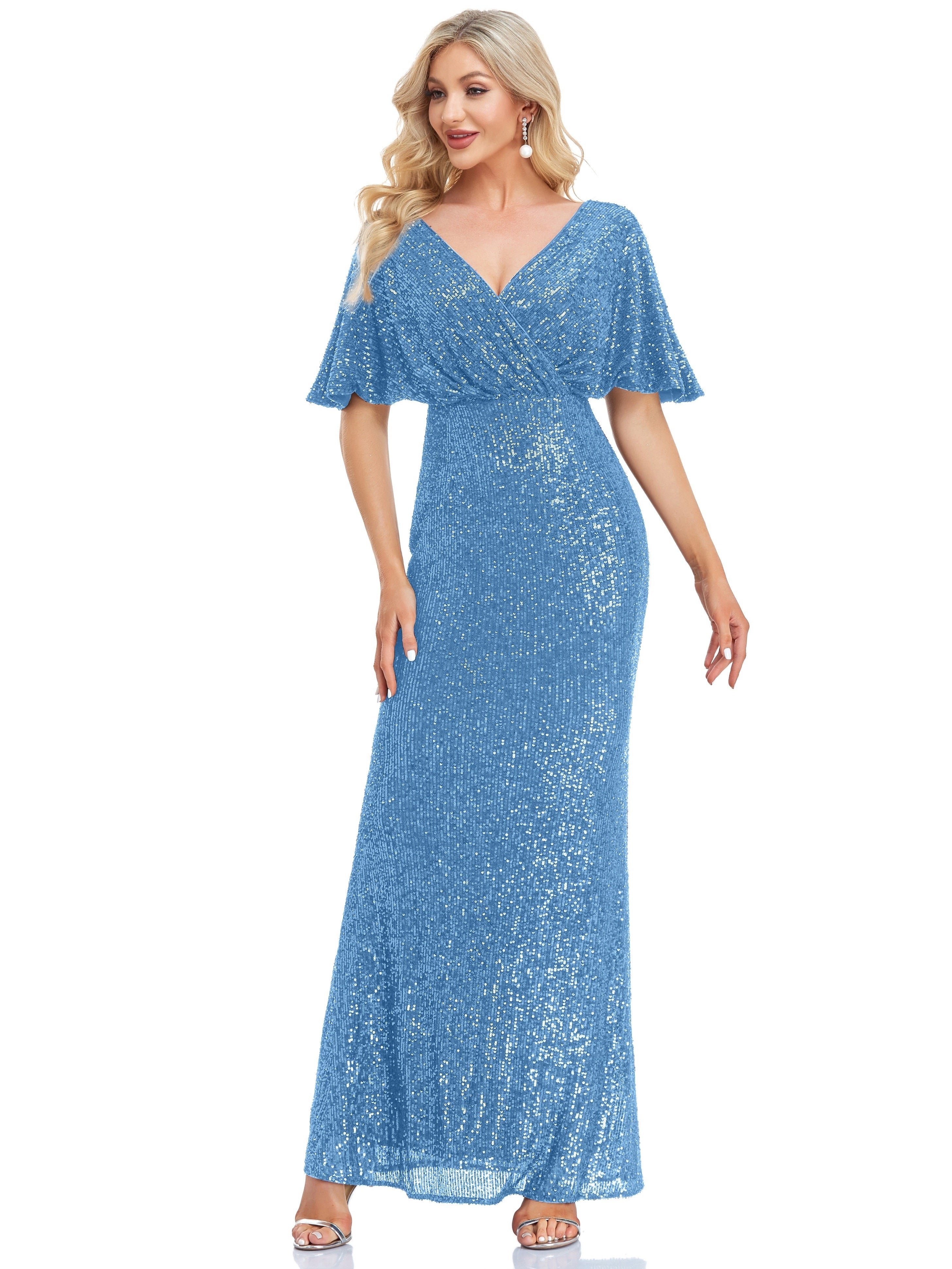 Solid Sequin Mother Of The Bride Dresses, Elegant Surplice Neck Short Sleeve Maxi Dress For Wedding Party | XUIBOL