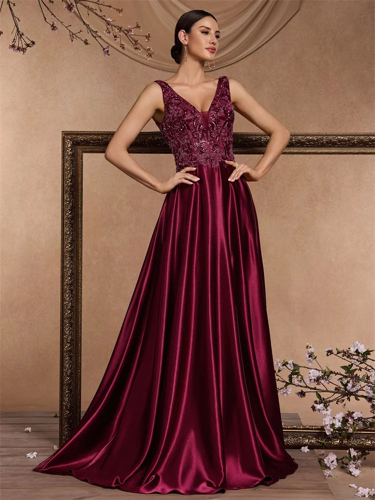 XUIBOL Elegant Sequins Evening Dress For Women 2025 Deep V-neck Satin Prom Party Red Dress Floor Length Blue Formal Gowns