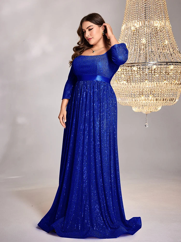 Plus Size Luxury Blue V-Neck Long sleeve Sequin Evening Dresses | XUIBOL