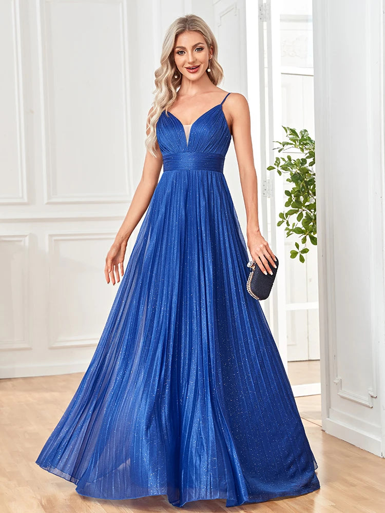 XUIBOL | Elegant Evening Dress Sexy V-Neck A-Line Floor-Length Gown Blue Backless Prom Party Women Maxi Cocktail Vestidos