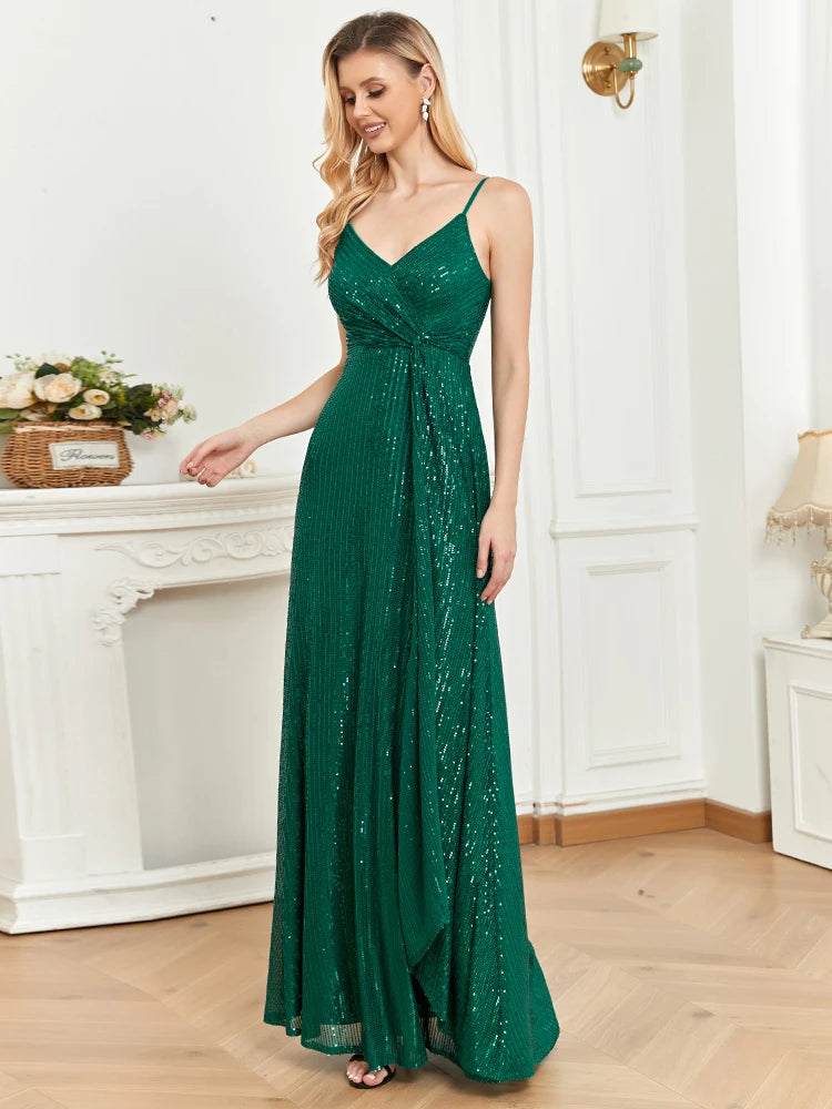 XUIBOL Elegant Suspenders V-Neck Evening Dress Women Sexy Wedding Party Sequins Long DressFor Formal Guests Green Prom