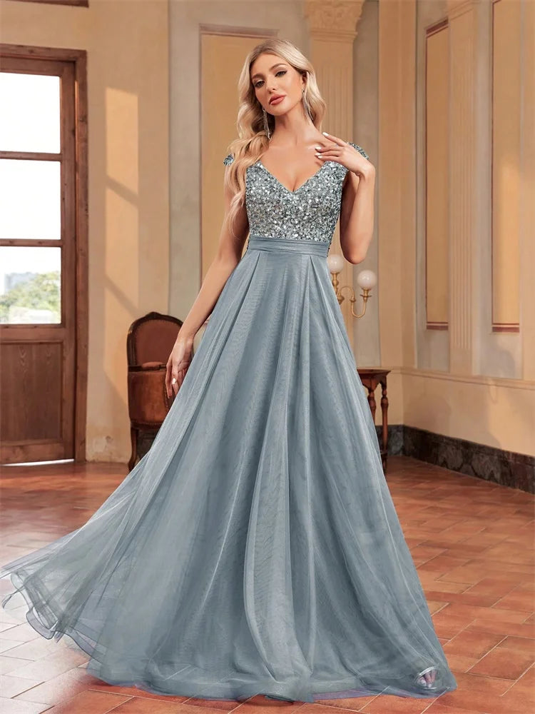 XUIBOL | Elegant Blue Sequins Evening Dress Luxury 2025 Women Long Formal A-Line Prom Party Dress Sleeveless Cocktail Dresses