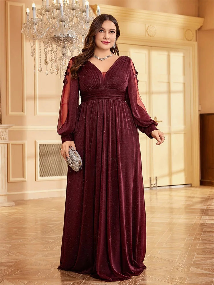 Plus Size Long Sleeves Sparkle Bling Bling Floor Length Split Evening Dress | XUIBOL