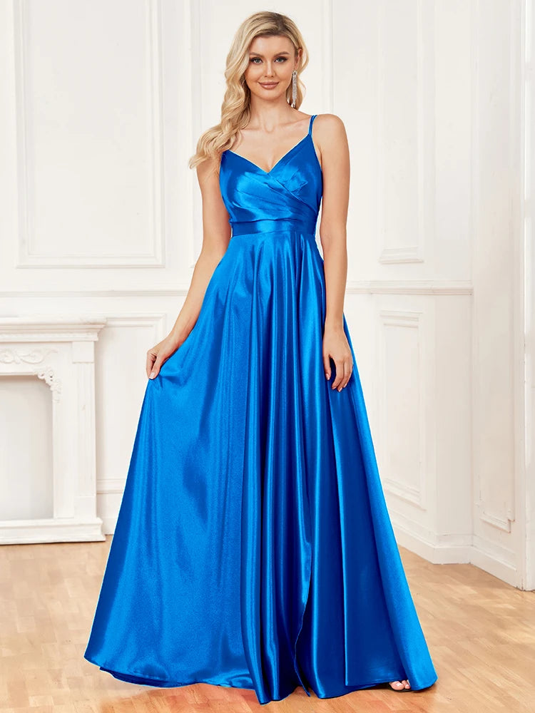V-Neck Satin Sleeveless Blue Formal Evening Dress | XUIBOL