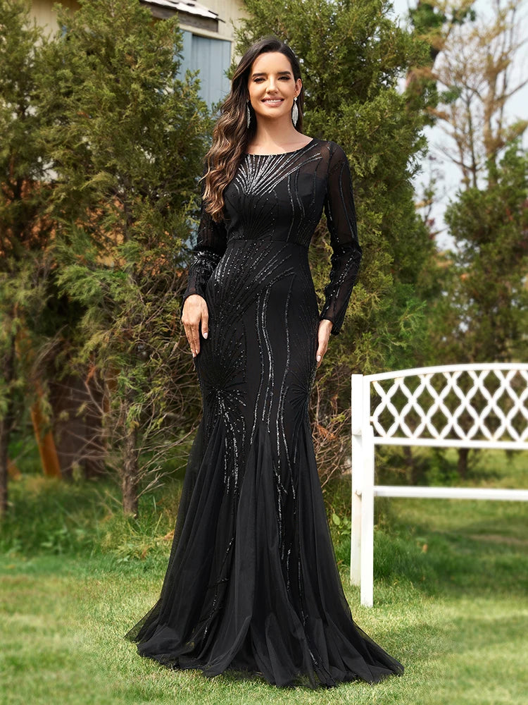 XUIBOL Elegant O Neck Black Sequins Evening Dress Long Sleeves Tulle Wedding Party Maxi Dress 2024 Women Floor Lenght Prom Dress