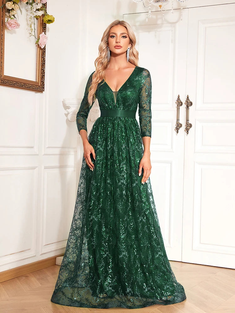 XUIBOL Elegant Green Sexy V-Neck Floral Evening Dress Long 2024 Luxury Women Long Sleeve Party Prom Sequin Cocktail Dress Gown