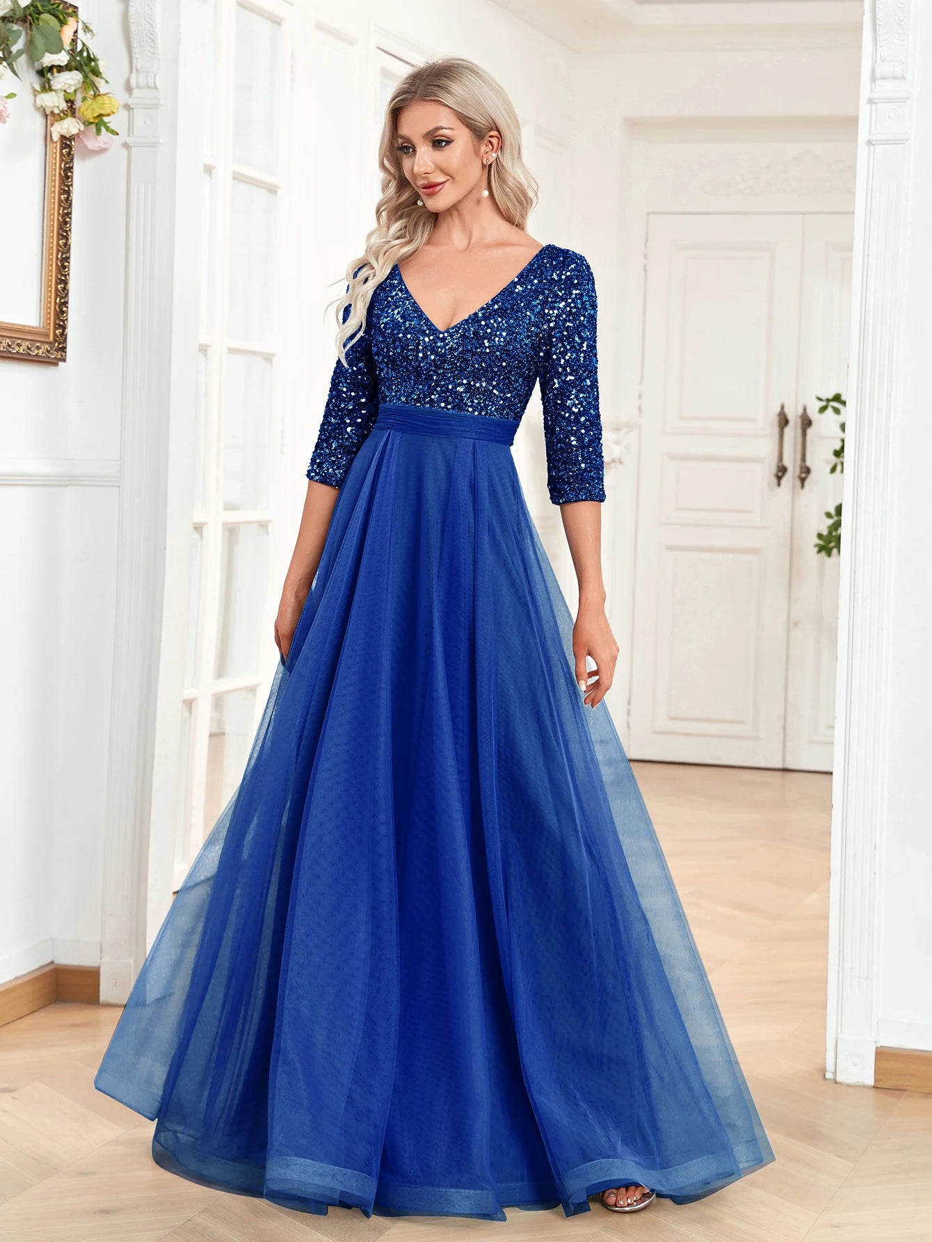 XUIBOL | Elegant V-Neck Long Sequin Blue Evening Dress 2024 Women Mermaid Formal Dress Long Sleeves Wedding Party Maxi Prom Dress