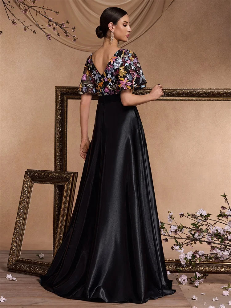 XUIBOL Elegant Sequins Floral Formal Evening Dress long 2025 Luxury Women Flare Short sleeve Satin Party Prom Cocktail Gowns