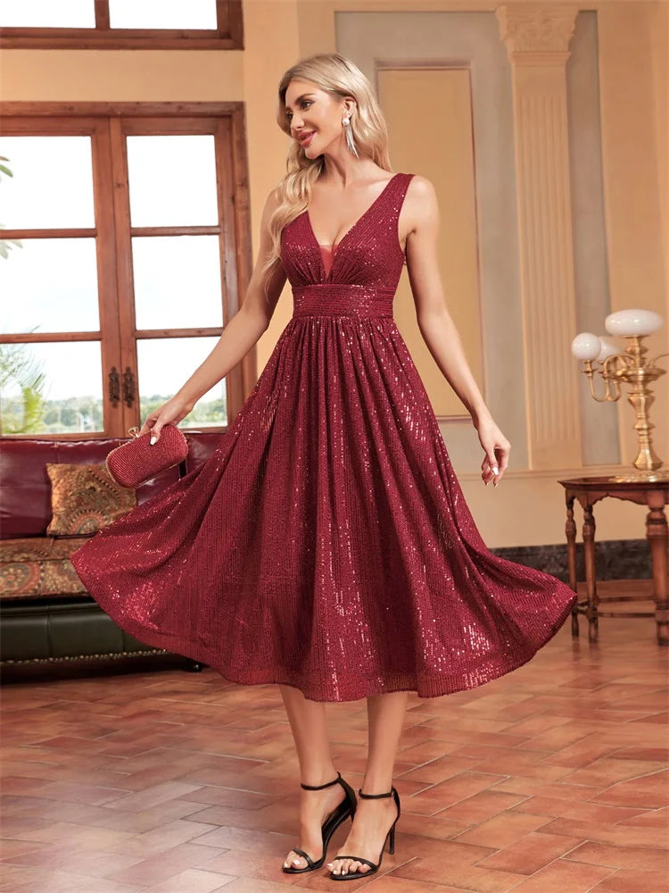 XUIBOL Elegant V Neck Sleeveless Sequins Cocktail Dress Women Luxury Red Wedding Party Evening Dress Graduation Gown Vestidos