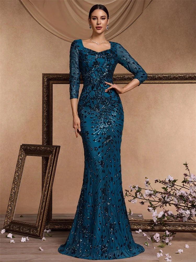 XUIBOL | Luxury Blue Sequins Evening Dress Women 2024 Mermaid Formal V-neck Prom Elegant Long sleeve Wedding Party Cocktail Gowns