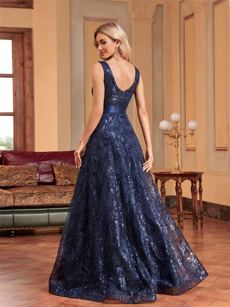 XUIBOL | Luxury Sexy Deep V-Neck Flower Sequins Blue Evening Dress Women Elegant V-back Wedding Party Long Prom Cocktail Dresses