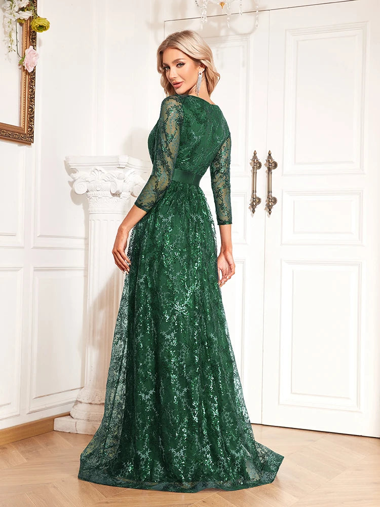 XUIBOL Elegant Green Sexy V-Neck Floral Evening Dress Long 2024 Luxury Women Long Sleeve Party Prom Sequin Cocktail Dress Gown