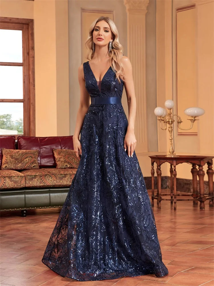 XUIBOL | Luxury Sexy Deep V-Neck Flower Sequins Blue Evening Dress Women Elegant V-back Wedding Party Long Prom Cocktail Dresses