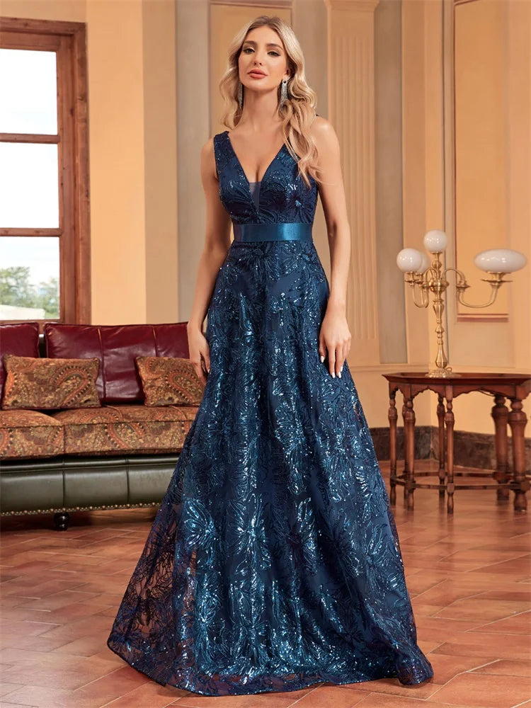 XUIBOL | Luxury Sexy Deep V-Neck Flower Sequins Blue Evening Dress Women Elegant V-back Wedding Party Long Prom Cocktail Dresses