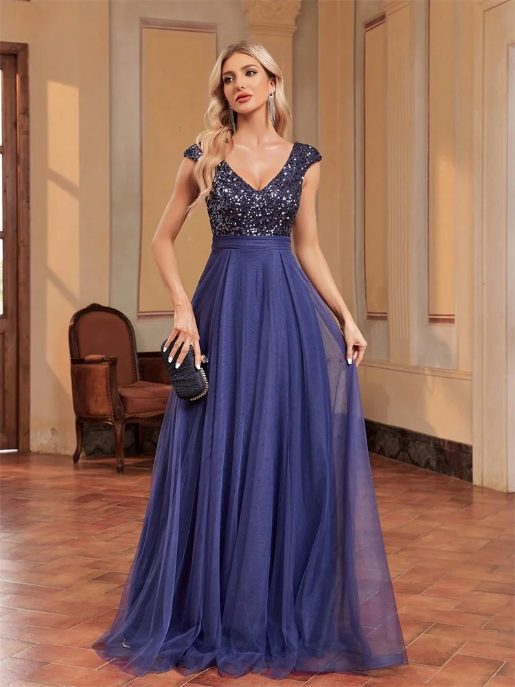 XUIBOL | Elegant Blue Sequins Evening Dress Luxury 2025 Women Long Formal A-Line Prom Party Dress Sleeveless Cocktail Dresses