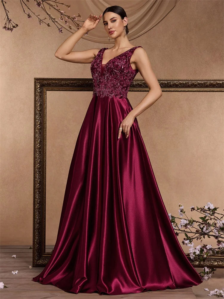 XUIBOL Elegant Sequins Evening Dress For Women 2025 Deep V-neck Satin Prom Party Red Dress Floor Length Blue Formal Gowns