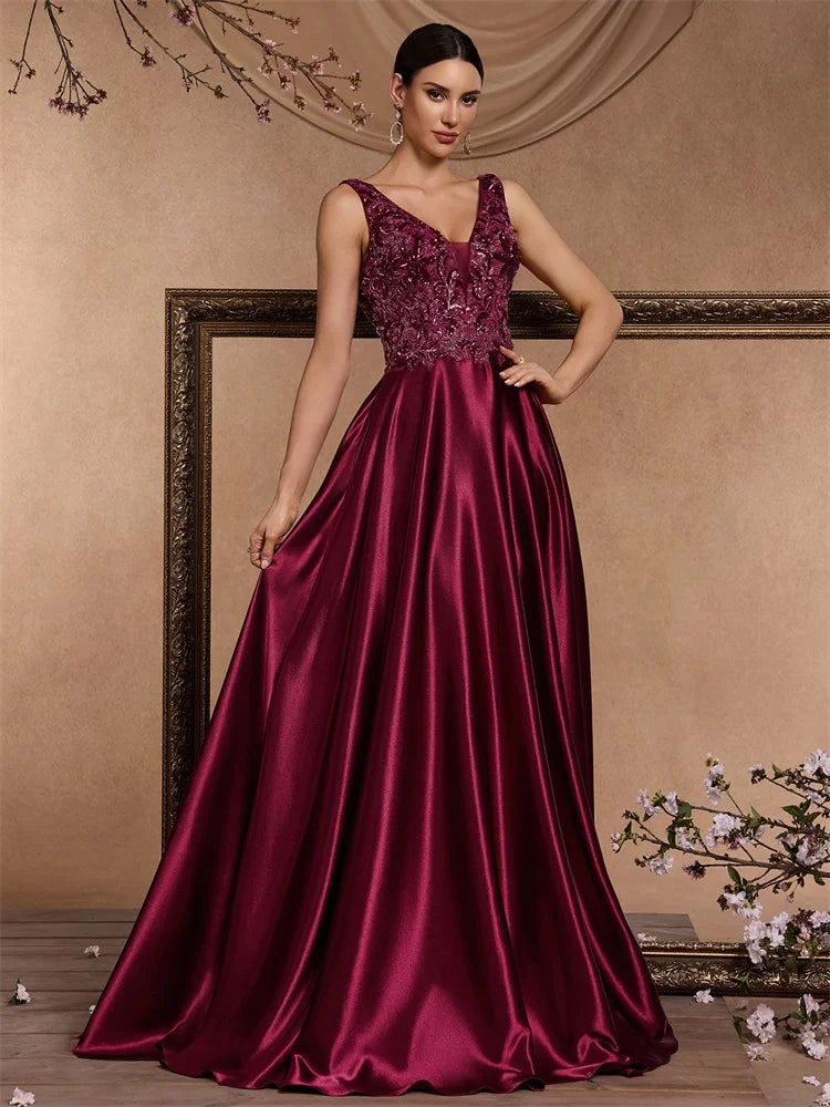 XUIBOL Elegant Sequins Evening Dress For Women 2025 Deep V-neck Satin Prom Party Red Dress Floor Length Blue Formal Gowns