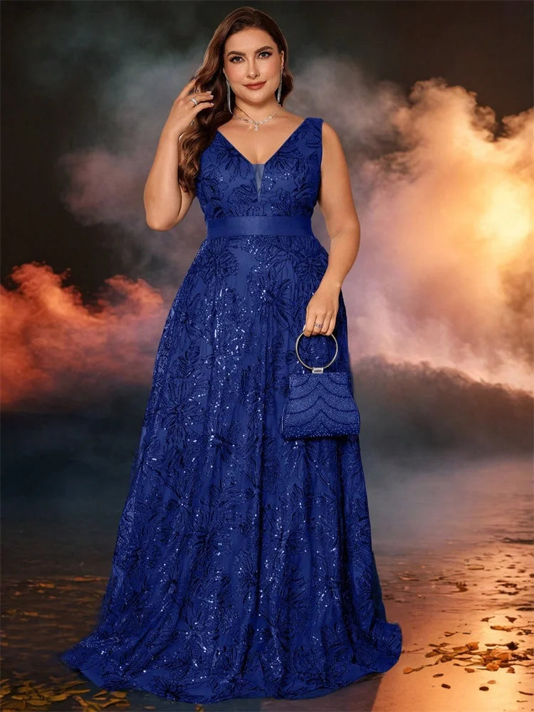 XUIBOL |  Plus Size Luxury Sexy Deep V-Neck Sequins Green Evening Dress