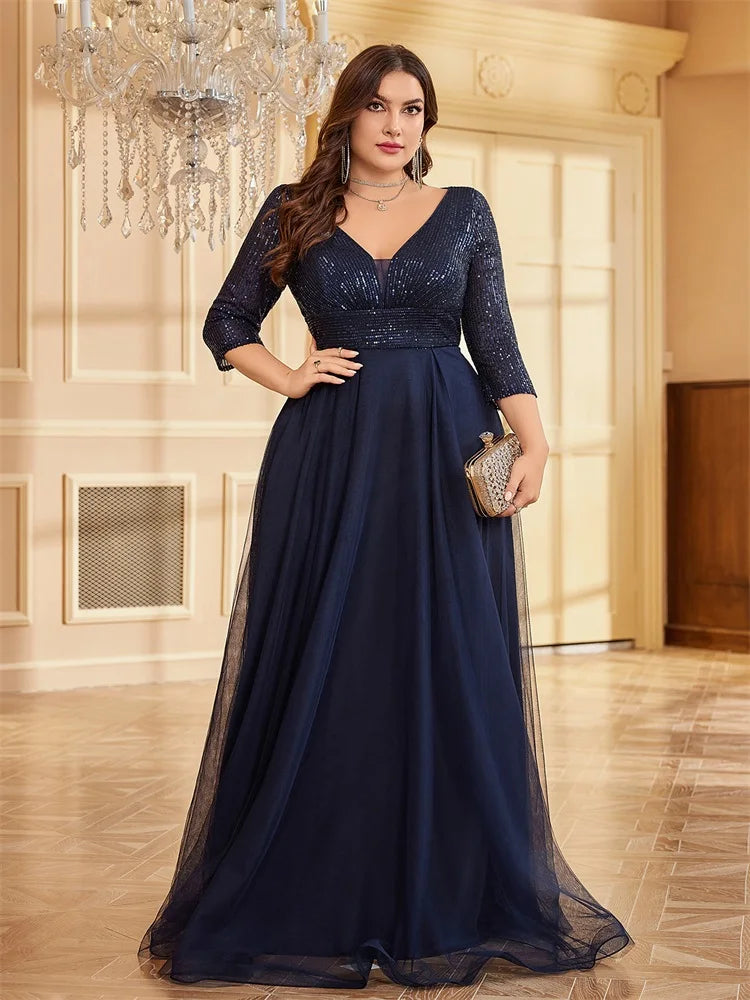 Plus Size Elegant VNeck Sequin Evening Dress | XUIBOL