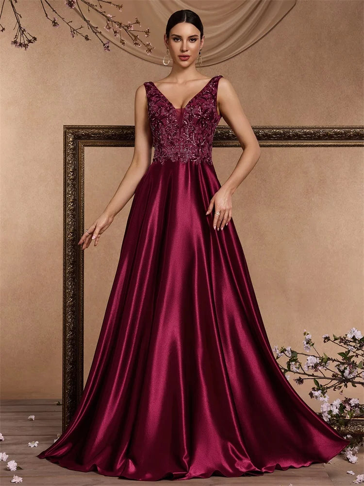 XUIBOL Elegant Sequins Evening Dress For Women 2025 Deep V-neck Satin Prom Party Red Dress Floor Length Blue Formal Gowns