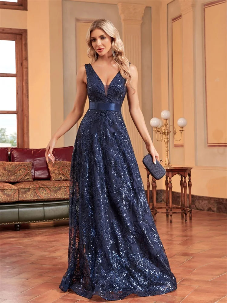 XUIBOL | Luxury Sexy Deep V-Neck Flower Sequins Blue Evening Dress Women Elegant V-back Wedding Party Long Prom Cocktail Dresses