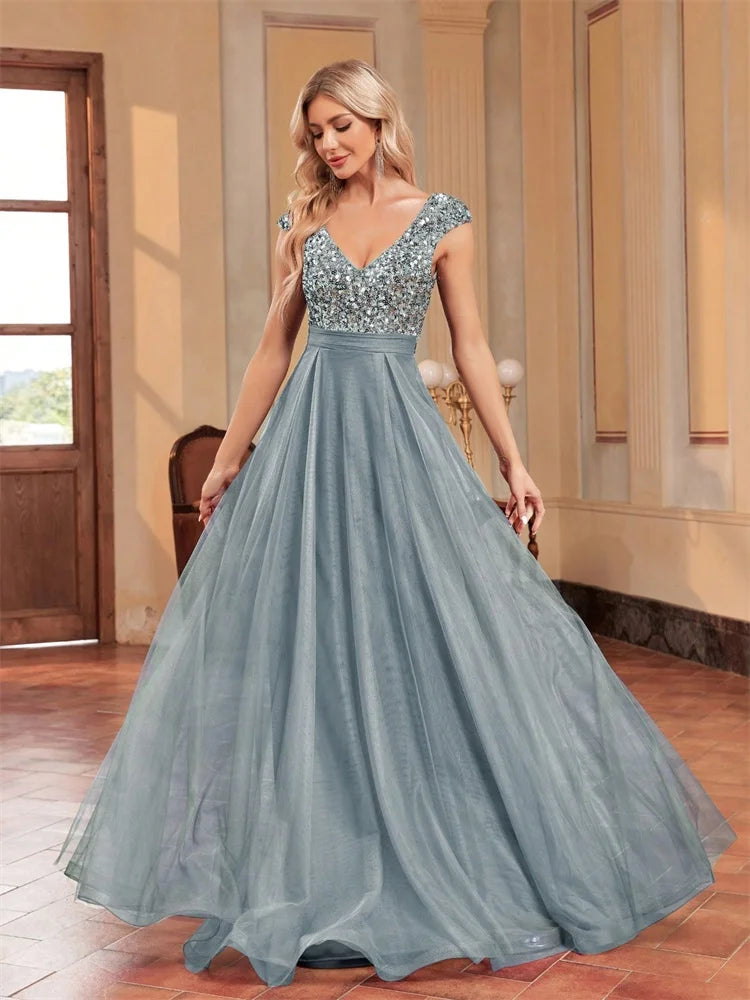 XUIBOL | Elegant Blue Sequins Evening Dress Luxury 2025 Women Long Formal A-Line Prom Party Dress Sleeveless Cocktail Dresses