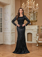 Black Sequin Square Neck Long Sleeve Mermaid Floor Length Evening Gown
