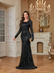 Black Sequin Square Neck Long Sleeve Mermaid Floor Length Evening Gown