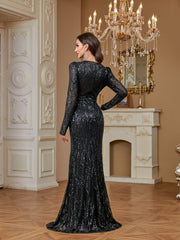 Black Sequin Square Neck Long Sleeve Mermaid Floor Length Evening Gown