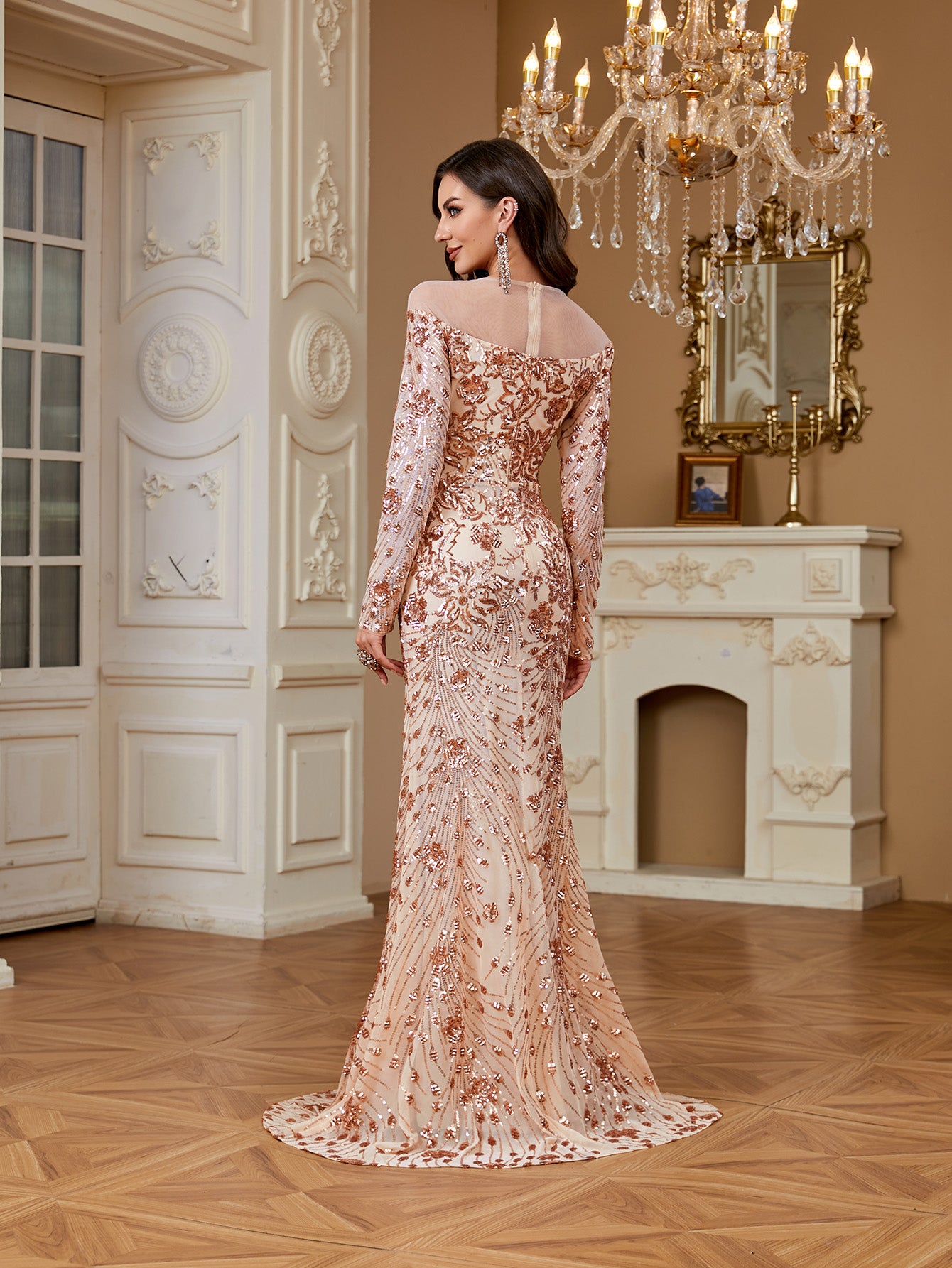 Nude Rose Gold Floral Sequin Illusion Long Sleeve Mermaid Evening Gown