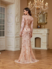 Nude Rose Gold Floral Sequin Illusion Long Sleeve Mermaid Evening Gown