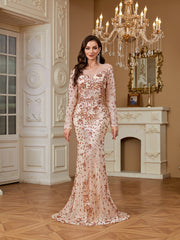 Nude Rose Gold Floral Sequin Illusion Long Sleeve Mermaid Evening Gown