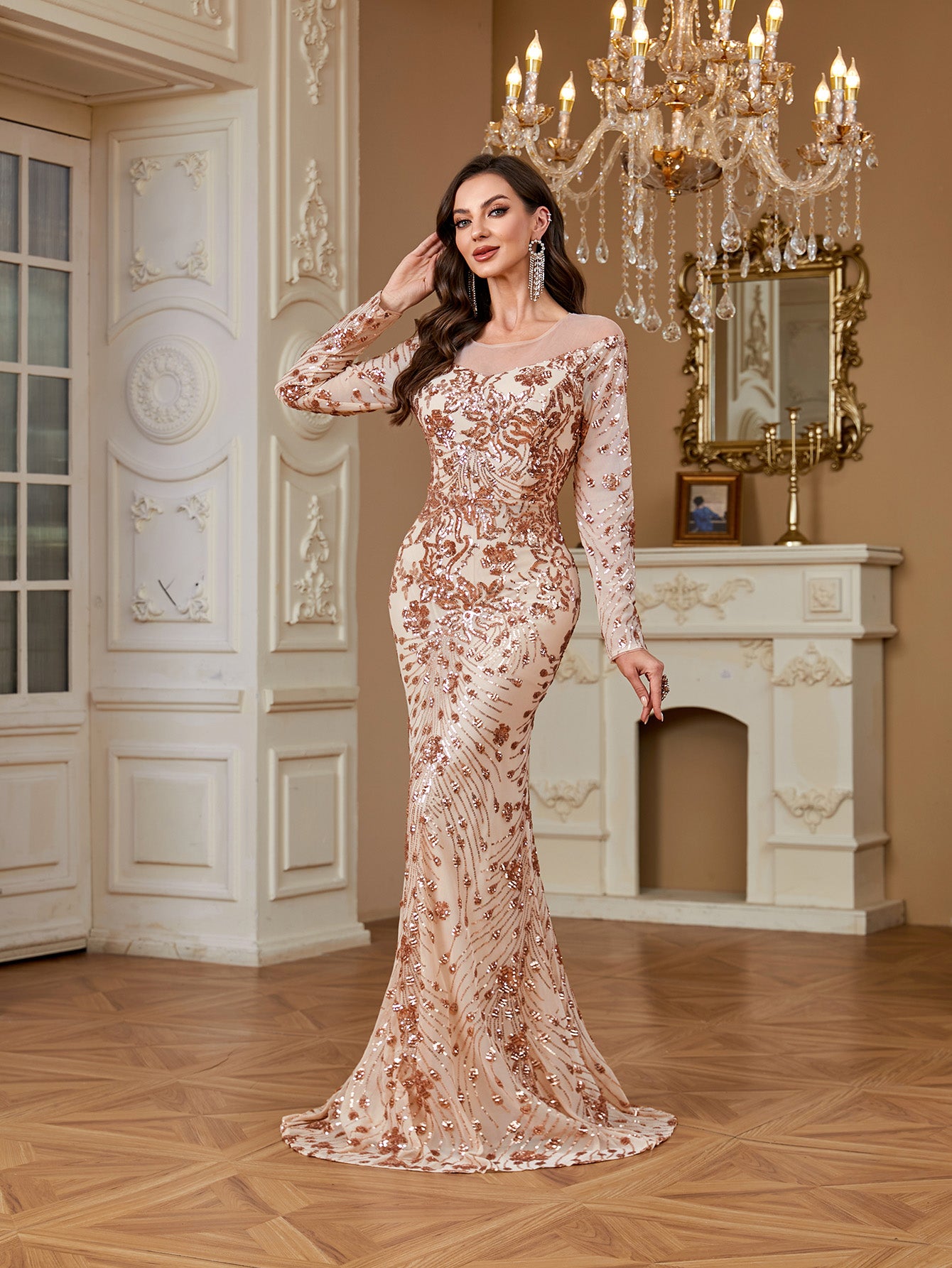 Nude Rose Gold Floral Sequin Illusion Long Sleeve Mermaid Evening Gown