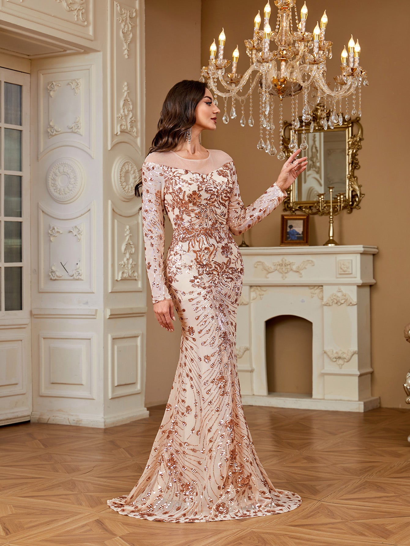 Nude Rose Gold Floral Sequin Illusion Long Sleeve Mermaid Evening Gown